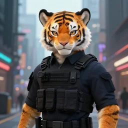 beautiful furry art portrait commission of a male furry anthro tiger fursona wearing a tactical swat uniform in the streets of a cyberpunk city at night in the snow. neon signs. character design by charlie bowater, ross tran, artgerm, and makoto shinkai, detailed, inked, western comic book art