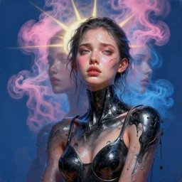 3 d, pink and blue smoke, sun rays, worry fashion model, sweat skin, liquid black metal, poster art, high detail, intricate oil painting, multiple exposure, deep blue mood, hyperrealism, 3 d, by tooth wu and wlop and beeple and greg rutkowski