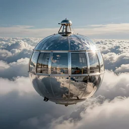an inflated stainless steel chrome gondola in the clouds, solarpunk