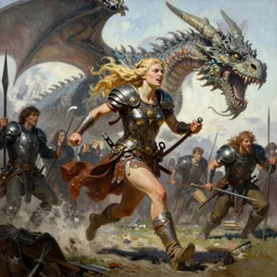 A mixed media painting of a beautiful blonde viking woman running into battle, ancient armor, aesthetic, by Frank Frazetta, Greg Rutkowski, Boris Vallejo, Neal Hanson, Christian MacNevin, epic fantasy character art, goddess of war, goddess of anger, high fantasy, Exquisite detail, post-processing, low angle, masterpiece, cinematic, colossal dragon in background