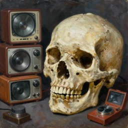 a sacred skull observing 8 0 s era technology, vintage shapes, retro technology, vintage color, wayne barlow, oil on canvas, deep depth of field, masterpiece, cinematic composition, hyperdetailed