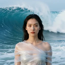 a closeup portrait of a woman wearing wrapped in plastic, standing in front of a giant tsunami wave, color photograph, by vincent desiderio, canon eos c 3 0 0, ƒ 1. 8, 3 5 mm, 8 k, medium - format print