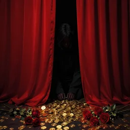 lonely dark character behind red curtains, gold money pieces and red roses on the ground, dark, sad, dystopian, capitalist, behind the scene, by rokas aleliunas and zdzisław beksinski, smooth, octane, trending on artstation, red gold and black, no watermark, textless, album cover
