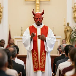 photo of devil pastor stand infront of people and preach
