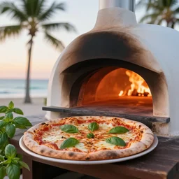 close - up of a pizza cooking in a wood fired pizza oven on a tropical beach, in the sunset, basil growing as palm trees, in the background little tomato characters are playing in the water, throwing mozzarella balls, magnificent sky, extremely detailed 3 d octane render, 4 k movie still by pixar