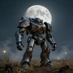 a lonely big giant mechanical weapons battle armor mechwarrior on a patch of withered grass, dim sky, very big moon, some smoke, a little bit yellow lights, smooth, sharp focus, superior quality, 8 k, cinematic lighting, octane render, wide angle, by bilibin, kuvshinov, malevich and mucha