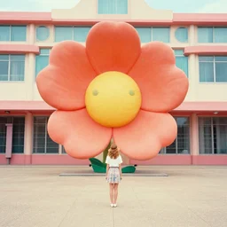 giant flower head, girl standing, 1 9 6 0 s architecture, surreal photography, symmetry, mid century, liminal space, bright colours, wes anderson