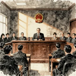 saul goodman on trial in courtroom, courtroom sketch, ink and watercolor, judge, courtroom, concept art, deep illustration, cinematic lighting, perfect composition,