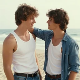 an extremely handsome young stud is flirting with another extremely handsome young man at the beach, 1 9 7 5