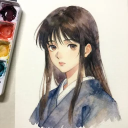 watercolour tempera painterly painting of a Japanese Anime girl, visible brushstrokes, in style of Rembrandt