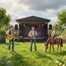 blink 1 8 2 performing in a back yard, mid afternoon, 3 d models, concept art, unreal engine, octane render, realistic lighting, dynamic shadows, vibrant colors, cloudy sky, a horse is eating grass in front of the stage, artstation, highly detailed, 4 k