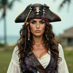 an award winning outdoors portrait photo of a tanned greek smug 1 7 0 0 s dirty caribbean italian olive tanned young pirate woman with black smooth hair, slightly big nose defined jaw, very beautiful, smug face, blue eyes, wearing a vest and short coat, sunset, movie color graded