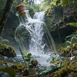 a fantasy waterfall flowing inside a glass bottle