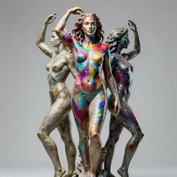 sculpture statue of Gal Gadot by Jean-Baptiste Carpeaux and Luo Li Rong and Michael James Talbot, all body, standing athletic pose, perfect symmetrical face, psychedelic colors, bodypaint, acrylic paint splashes, in full growth, elegant, realistic, 8K, female full-skin figure, hyperrealism, subsurface scattering, raytracing, rim light, Octane Render, Redshift, Zbrush