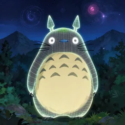 glowing wireframe totoro, forest god of princess mononoke, mountain landscape, night sky, digital art, digital painting, celestial, majestic, colorful