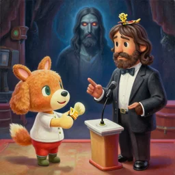 a photorealistic highly detailed painting of a vintage 1 9 5 0's game show host playing animal crossing with jesus by johfra bosschart, lisa frank, kinkade, visionary art, dark fantasy art, high detail, trending on artstation