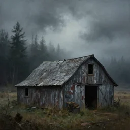 grunge painting of a farm shed. in the distance, there is a forest. by bob ross, chicano street style, grim, gothic, ominous, haunting, foggy background, immaculate scale, hyper - realistic, trending on artstation, 8 k, detailed, atmospheric, immaculate