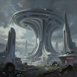 beautiful low angle painting of an alien world with beautiful sleek dreamlike buildings and technology, distant futurepunk, junk on the ground, neon lights, moody atmosphere, epic composition, dramatic lighting, trending on artstation, octane render, by robert zemeckis