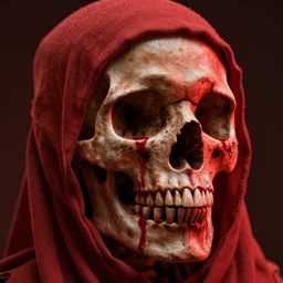 human skull covered in cloth with blood dripping down, highly detailed, modern, digital art, red, unreal engine, photorealism, cinematic lighting, 8k photorealistic, dramatic, trending on artstation, by Greg Rutkowski