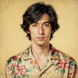 “ adam driver portrait by ikenaga yasunari and ayana otake and ko rakusui, 6 0 s poster, drawing, realistic, sharp focus, japanese, dreamy, nostalgia, faded, golden hues, floral clothes, porcelain skin ”