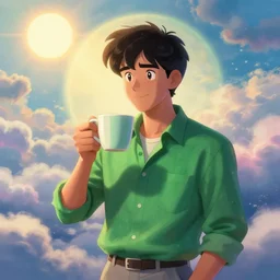 portrait of a ( ( ( una taza de cafe grande y verde ) ) ), ( ( guapo dotado jose garcia alegre sim camisa ) ), lleno de nubes y magia y sol, concept character, by greg rutowski and tezuka and oi and mucha and bierstadt and remington, trending on artstation