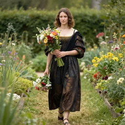 woman holding a bunch of flowers, walking in a garden, by leonardo da vinci