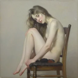 the girl is sitting on a very high chair near the ceiling, wonderful eyes, her loose hair, delicate, intricate details, a real masterpiece, oil on canvas, author li zhang