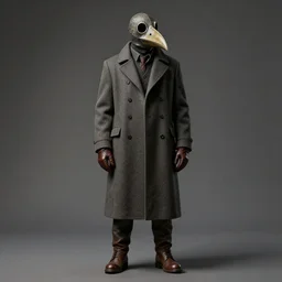 A man draped in a ankle-length overcoat with leather gloves and boots wearing a bird-like beak mask by Greg Rutkowski, photorealistic, volumetric lighting, HD, subtle details, dramatic