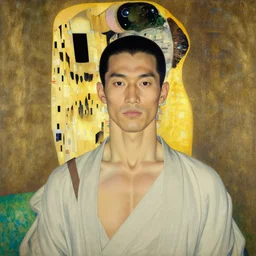 a man wearing hanfu, muscular, detailed face, correct face, cyberpunk chinese ancient castle, fantasy, painting by Gustav Klimt, greg rutkowski and alphonse mucha