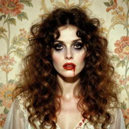 a beautiful but sinister woman in layers of fear, with haunted eyes and curly hair, 1 9 7 0 s, seventies, floral wallpaper, delicate embellishments, a little blood, crimson, painterly, offset printing technique, by fragonard