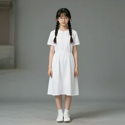 an award winning full body portrait of a honor student with twin braids, wearing glasses and a white dress, symmetric and beautiful face, very detailed, photo taken with Sony a7R