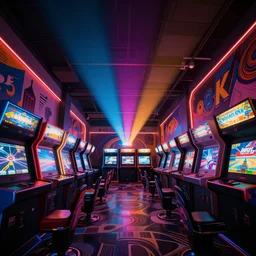 arcade interior, 8 k, ultra wide angle, high contrast, highly detailed, vivid colors, dramatic lighting, depth of field, ray tracing, concept art, volumetric light, unreal engine, pincushion lens effect, trending on artstation, zenith perspective, moebius, enki bilal, greg rutkowski, feng zhu
