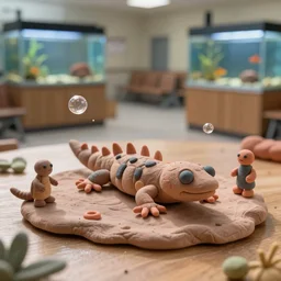 plasticine model [ [ newt ] ] figures clay. bubbles. weird. surreal. strange. tilt shift. tank. fish tank in waiting room. photorealistic.