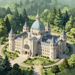 huge academic castle city in the forest behind a garden, concept art, digital painting, style of jordan grimmer, warm lighting, futuristic, volumetric lighting, view from below, vivid colours, bright, daytime, godrays, high detail