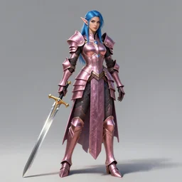 a beautiful and highly detailed digital illustration of a dignified female elven paladin with blue hair in rose gold armor, carrying a long sword, a digital painting by clint cearley, centered, artsation contest winner, artstation hd, cgsociety, fantasy art, cryengine, concept art, photorealism, daz 3 d, sketchfab, zbrush, vray