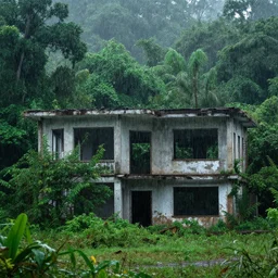 Photo of an abandoned building in a rainforest, raining, Sigma 100mm, long shot