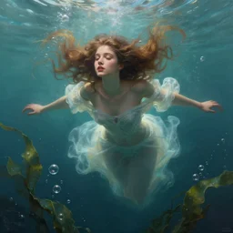 hyper realist matte digital painting of a young beautiful woman, floating in water, bubbles rising, seaweed, fairytale, fantasy art, photo realistic, dynamic lighting, artstation, volumetric lighting, by mucha, by charlie bowater, by karol bak, by alma tadema