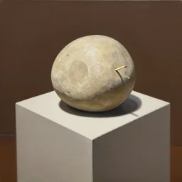 painting of art exibit of a beige round boulder with matchstick implanted on its side, on a cube shaped table against a dark brown background