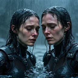 cinestill 5 0 d candid photographic portrait by christopher nolan of two loving female androids sobbing wearing rugged black mesh techwear in treacherous waters, extreme closeup, modern cyberpunk moody emotional cinematic, pouring rain menacing lights shadows, 8 k, hd, high resolution, 3 5 mm, f / 3 2, ultra realistic faces, ex machina