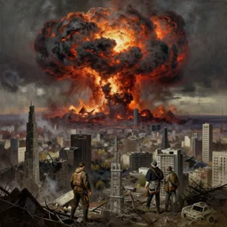 post - apokalyptic, nuclear explosion on the horizon, destruction capital city of the free republic of liberland hyperdetailed, artstation, painting by gaston bussiere, craig mullins, j. c. leyendecker, 8 k