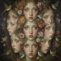 breathtaking detailed concept art painting pattern of faces goddesses with anxious piercing eyes and blend of flowers and birds, by hsiao - ron cheng and john james audubon, bizarre compositions, exquisite detail, extremely moody lighting, 8 k