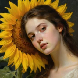 sunflower goddess of summer character portrait, in the style of charlie bowater, tom bagshaw, and waterhouse, lean face, cinematic lighting, beautiful, elegant, oil painting, cinematic, portrait, raphaelite, headroom, headshot photograph
