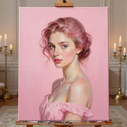 lady in pink painting on a canvas, detailed art room in the background, candles on lampstands in the background, digital painting style, smooth,  8K