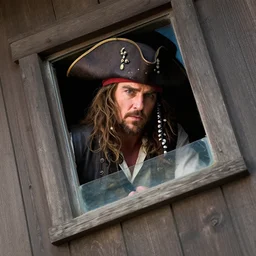 slanted angle, russell crowe as javert with enormous pirate captain hat peering out concerned down to camera from a small glass window in a wooden wall, 2 0 1 2