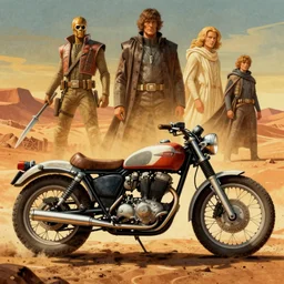 moebius and ralph mcquarrie style, vintage classic motorcycle, technical drawing, mad max fury road, star wars dune, the incal
