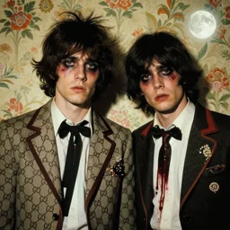 two handsome but sinister young men wearing gucci in layers of fear, with haunted eyes and wild hair, 1 9 7 0 s, seventies, floral wallpaper, a little blood, moonlight showing injuries, delicate embellishments, painterly, offset printing technique, by brom, robert henri, walter popp