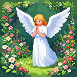 an angel in a garden, pixel art study, large range of colors, detailed