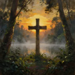 single cross in moody foggy lake jungle with  backlight , sunset  oil painting dramatic panorama by  frazetta