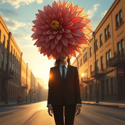 giant dahlia flower head, frontal, girl in a suit, standing in street, surreal photography, sunrise, dramatic light, impressionist painting, digital painting, artstation, simon stalenhag