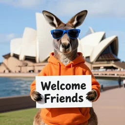 A portrait photo of a kangaroo wearing blue sunglasses and an orange hoodie holding a sign on the chest that says Welcome Friends, he has a sign and he is on sydney opera house, subject: kangaroo, subject detail: wearing orange hoodie, wearing blue sunglasses, subject action: holding sign